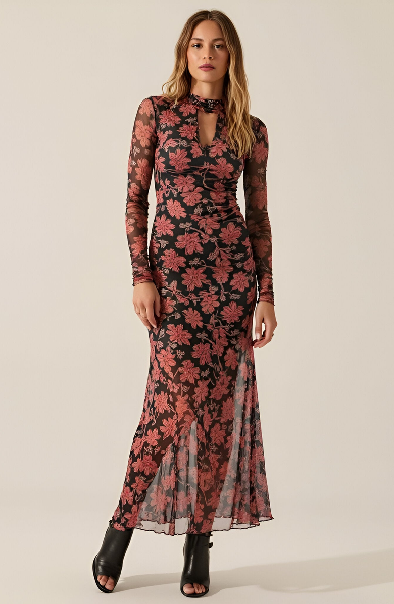 Modenaire Ornate Floral Mesh Maxi Dress with Mock Neck, Main, color, 