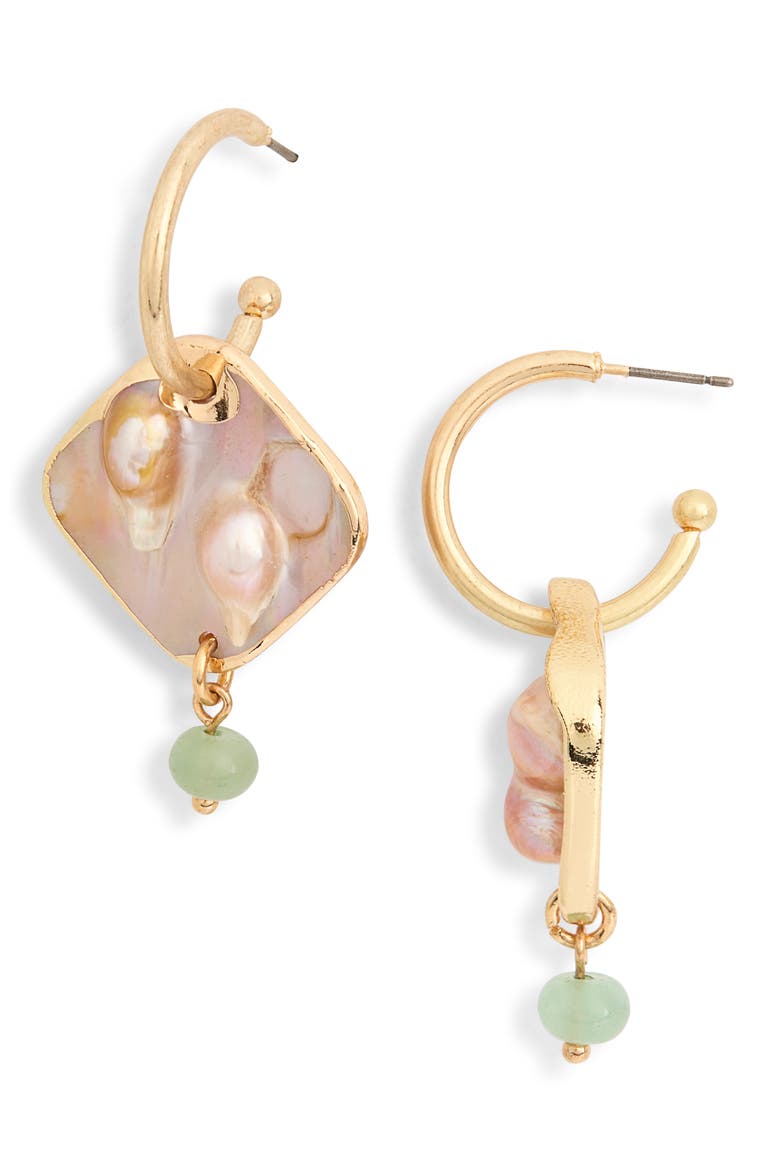 Shell & Bead Dangle Hoop Earrings, Main, color, GOLD