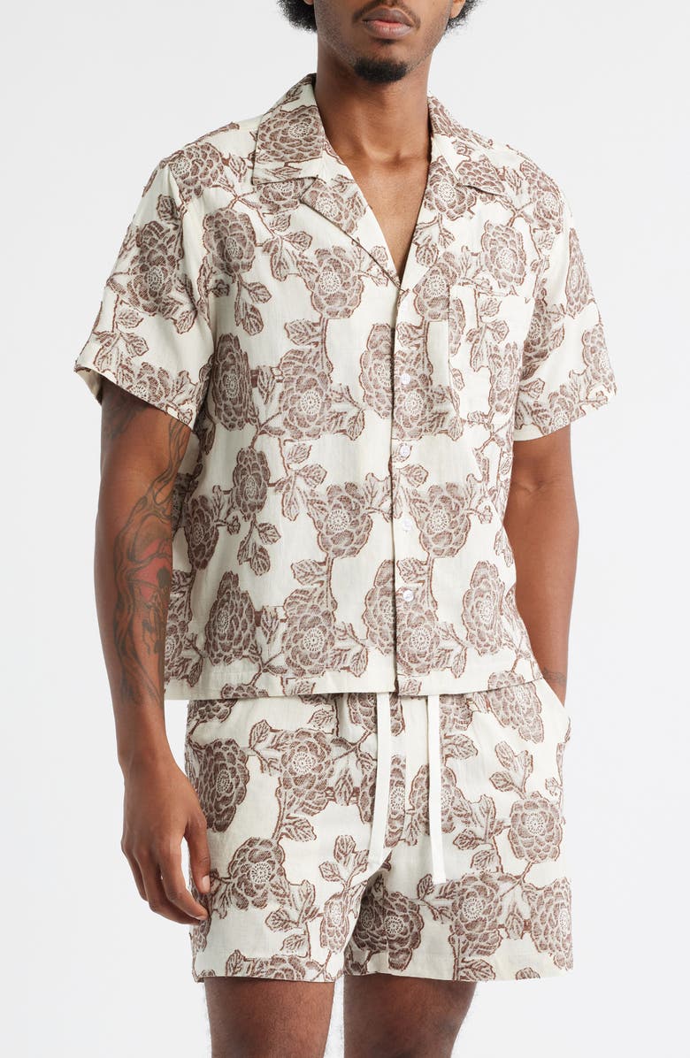 RIZORT Nathan Floral Cotton & Viscose Blend Camp Shirt, Main, color, Brown