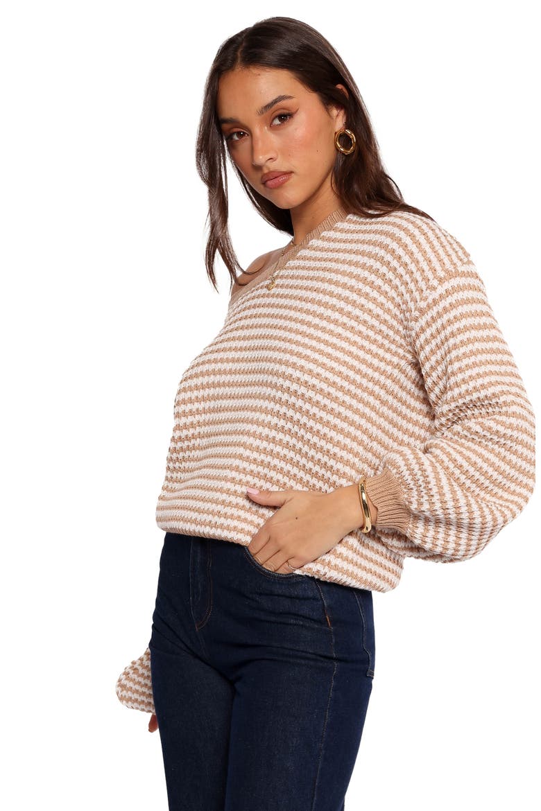 Becca Stripe One-Shoulder Sweater, Alternate, color, TAN