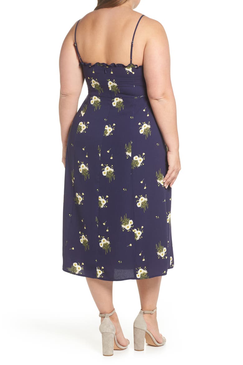 Ruffle Trim Floral Print Midi Dress, Alternate, color, NAVY EVENING DAISY
