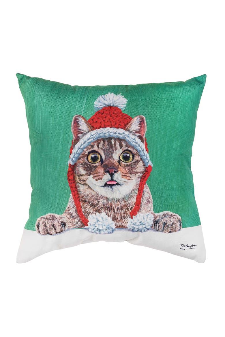 Funny Holiday Cat with Santa Hat Christmas Throw Pillow 18" x 18", Main, color, Green