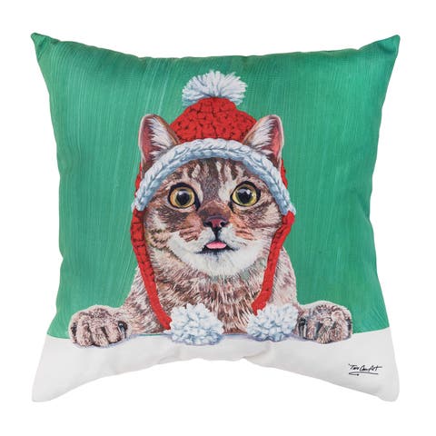 Funny Holiday Cat with Santa Hat Christmas Throw Pillow 18" x 18"