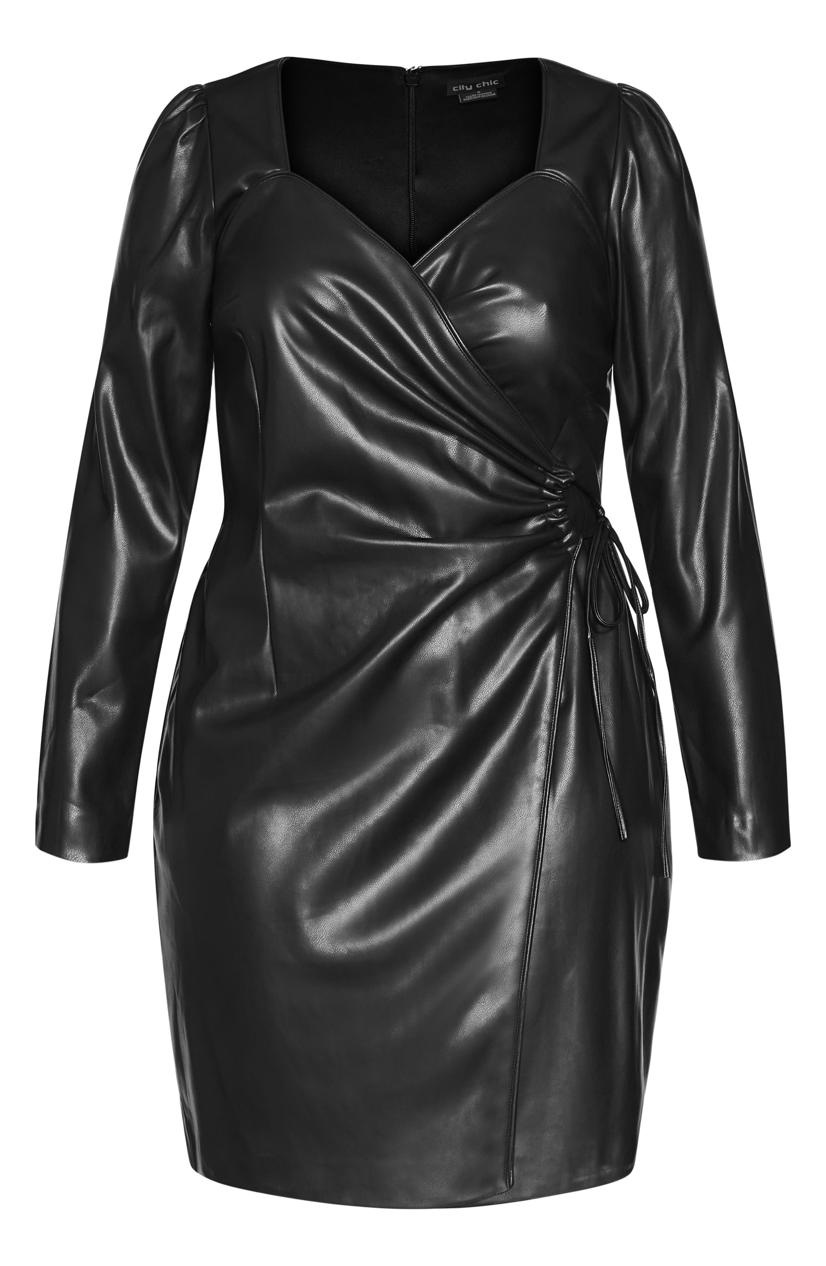 plus size leather wrap dress Leather Wrap Dress with Collar - Calf Length, Black Onyx