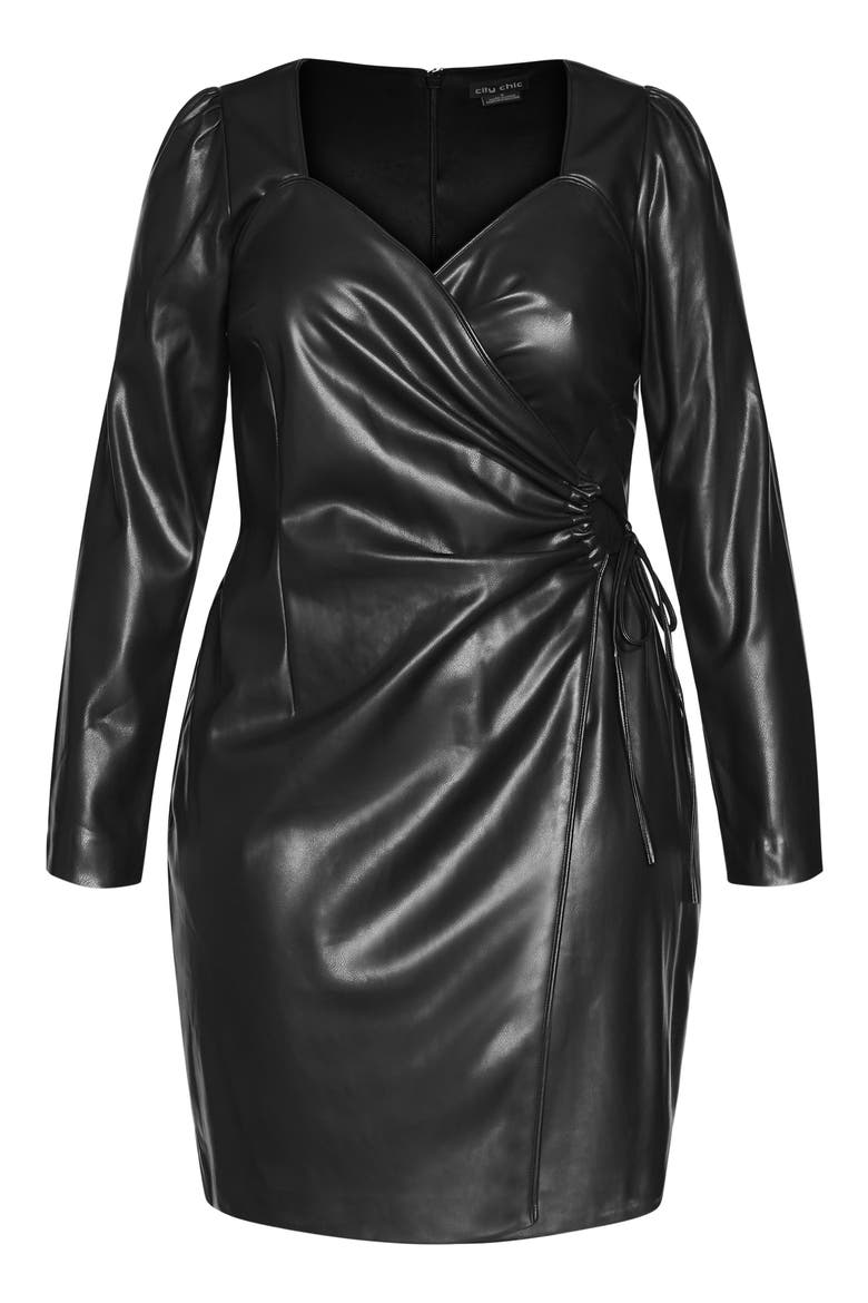 Cindy Long Sleeve Faux Wrap Faux Leather Dress, Alternate, color, BLACK