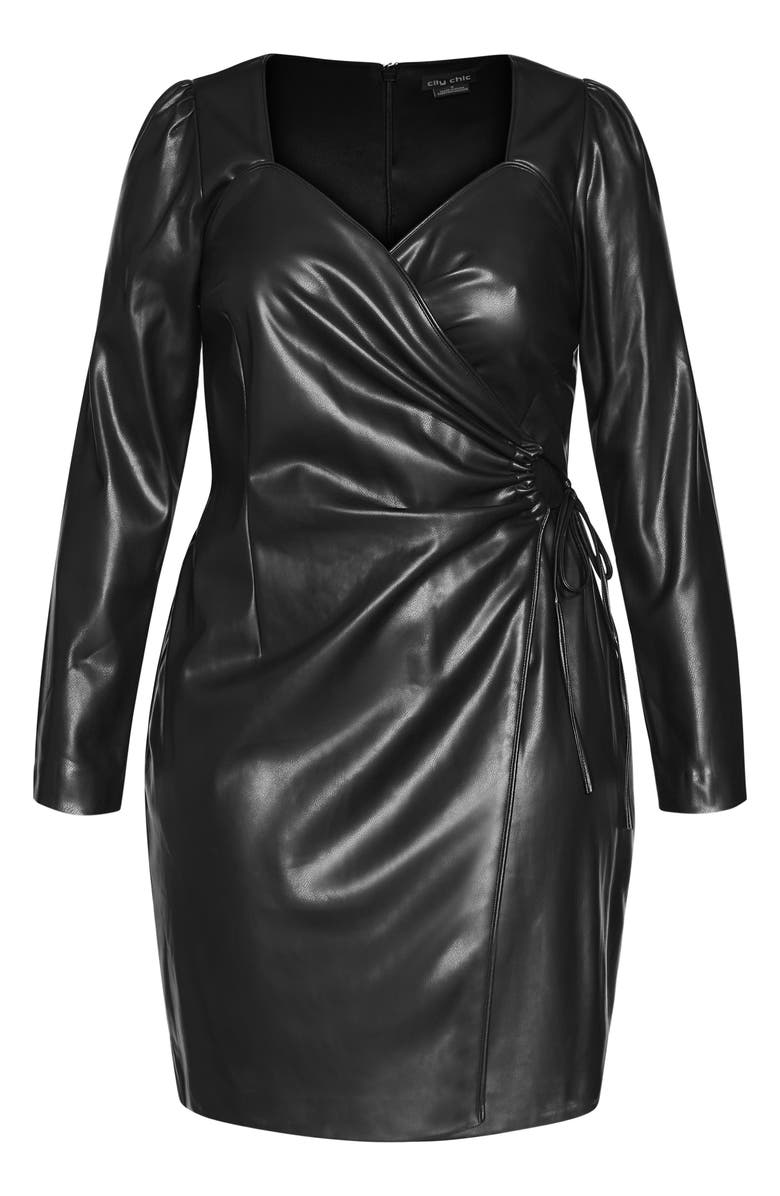 City Chic Cindy Long Sleeve Faux Wrap Faux Leather Dress, Alternate, color, 