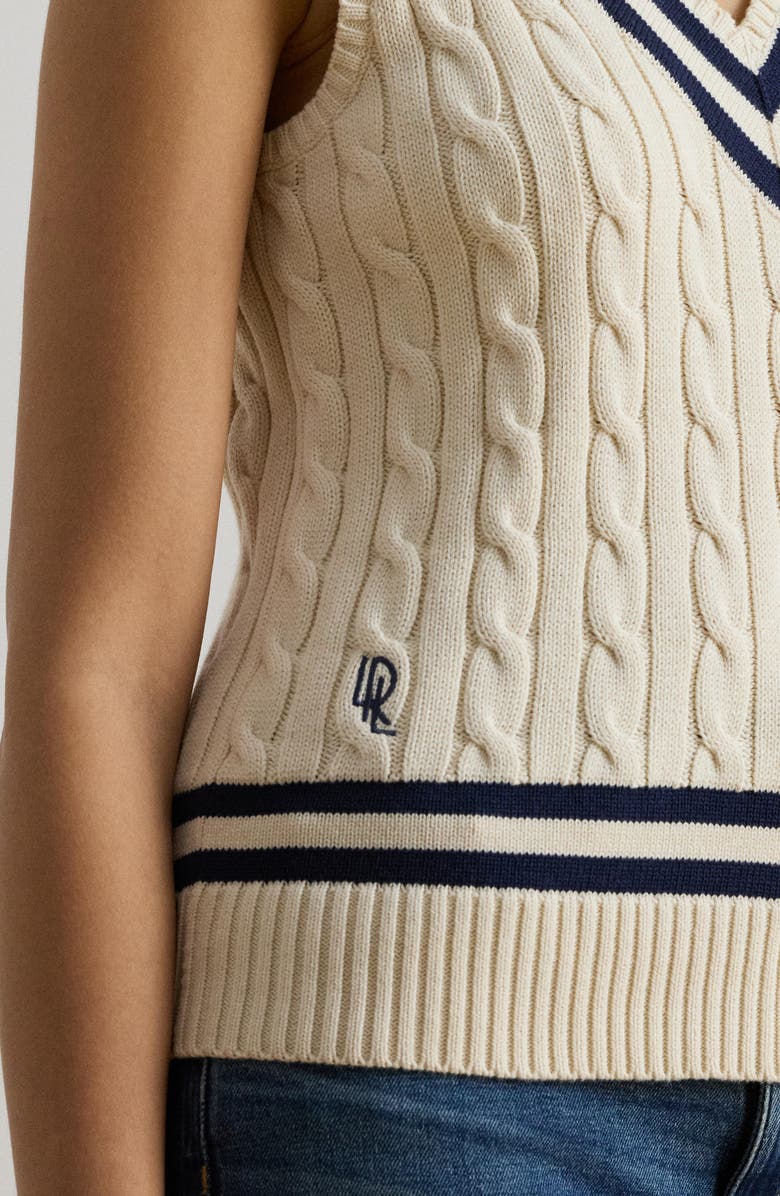 Lauren Ralph Lauren Nalrun Cable Stitch Cotton Cricket Sweater Vest, Alternate, color, Cream/ Refined Blue