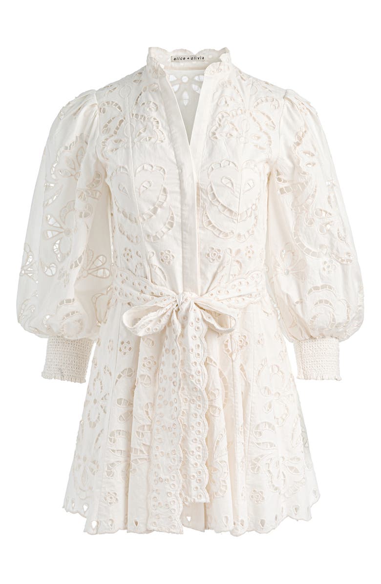 Alice + Olivia Lucy Embroidered Long Sleeve Minidress, Alternate, color, Off White