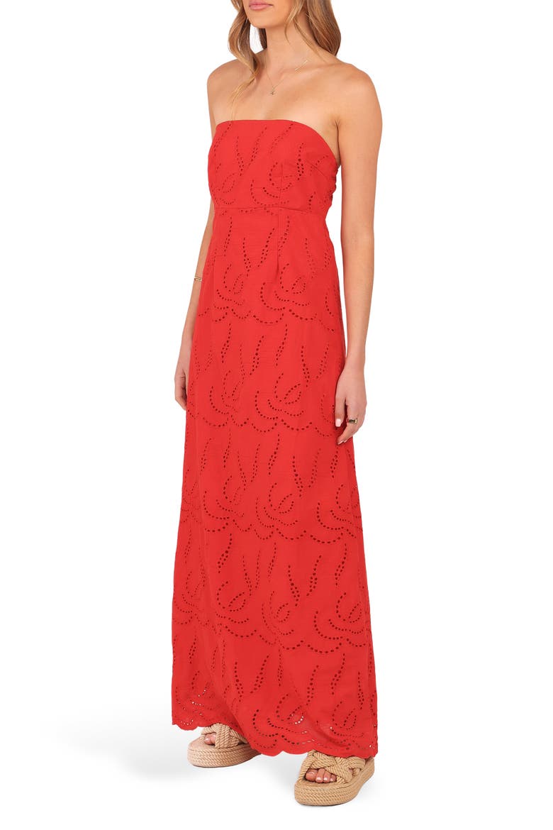 Annika Eyelet Strapless Cotton Maxi Dress, Alternate, color, RED