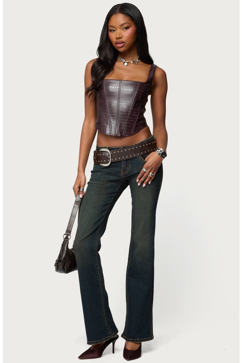Shana Croc Embossed Faux Leather Corset Top, Alternate, color, BROWN