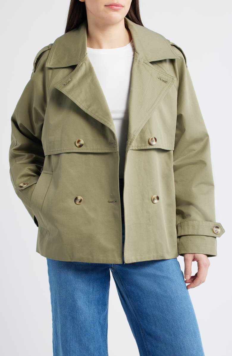 Bernardo Short Cotton Trench Coat, Alternate, color, Olivine