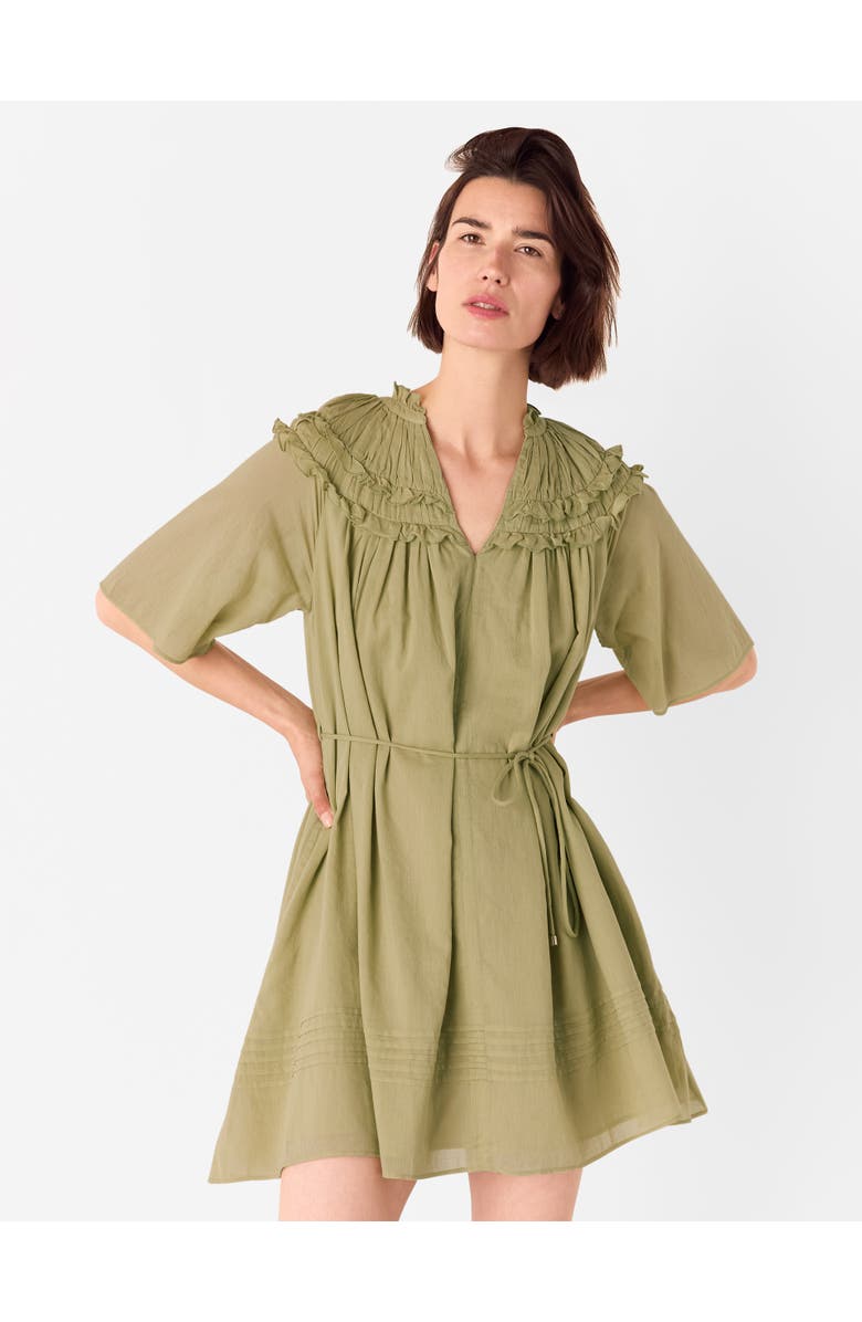 Whistles Short Sleeve Cotton Frill Mini Dress, Alternate, color, Khaki