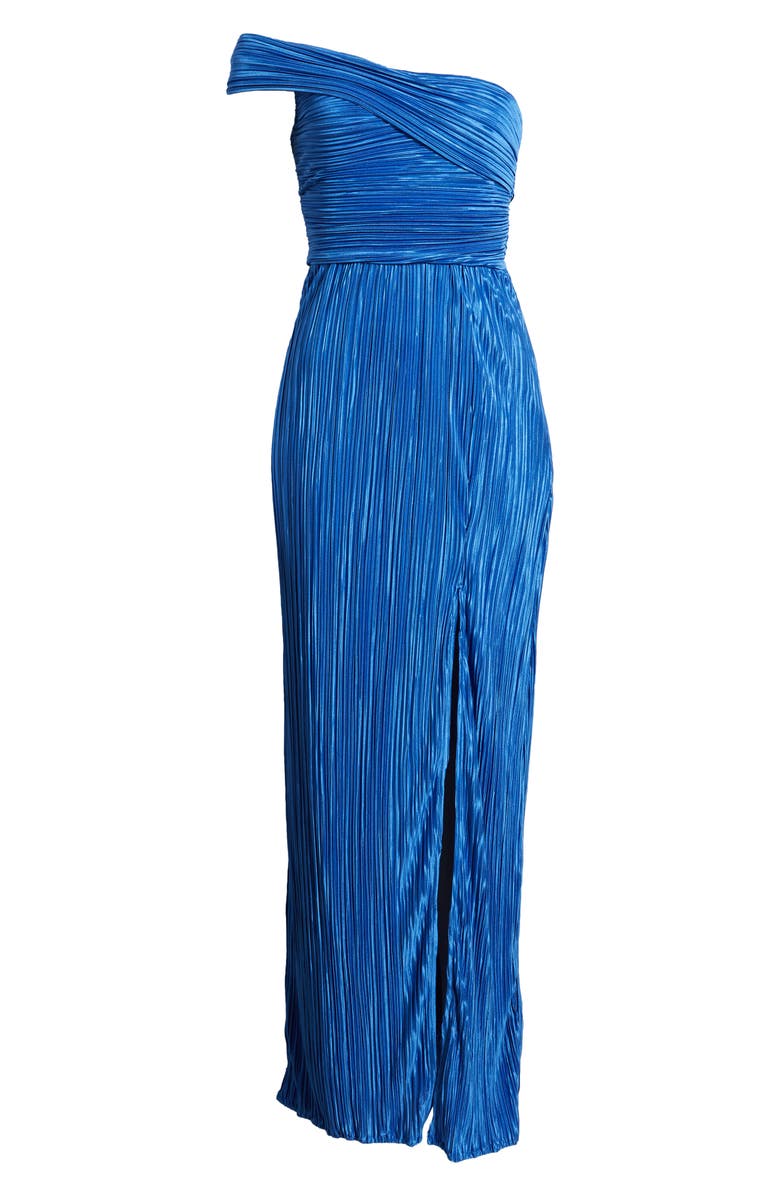 Lulus Poised Performance One-Shoulder Plissé Gown, Alternate, color, Bright Blue