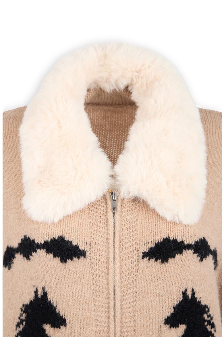 Horse Motif Cardigan with Faux Fur Collar, Alternate, color, BEIGE