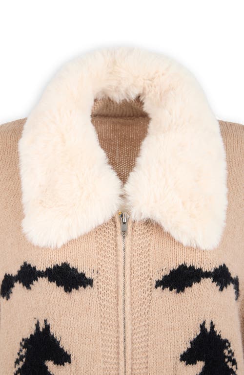 Saachi Horse Motif Cardigan With Faux Fur Collar In Neutral