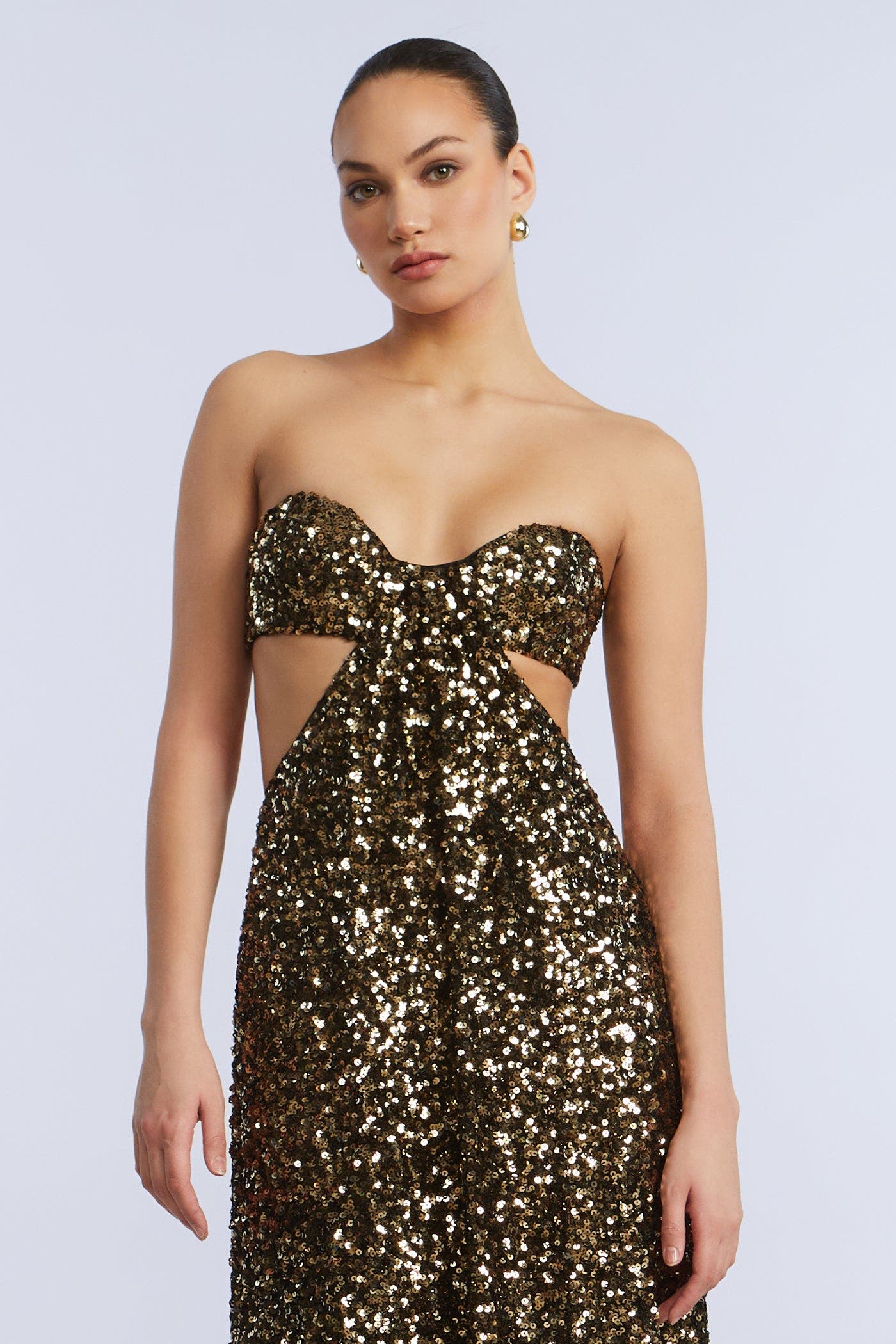 strapless sequin cutout bodycon dress in gold Sequin Side Ruched Strapless Dress in Gold