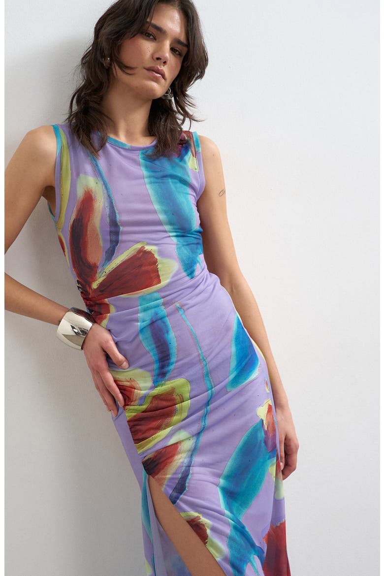 Floral Side Slit Mesh Midi Dress, Alternate, color, PURPLE