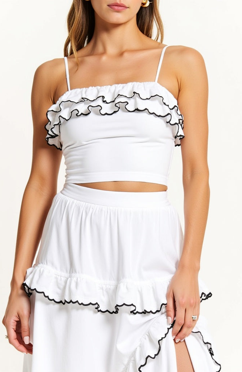 Modenaire Ruffle Trim Cropped Top and High-Slit Maxi Skirt Outfit Set, Alternate, color, White / Black Edging