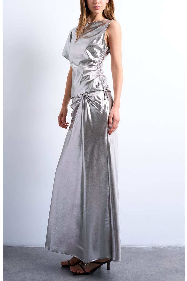 Metallic Knot Midi Skirt, Alternate, color, SILVER