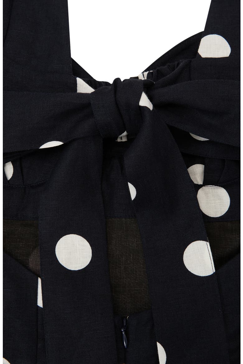 Astrid Polka Dot Puff Sleeve Open Back Linen Midi Dress, Alternate, color, NAVY/ IVORY