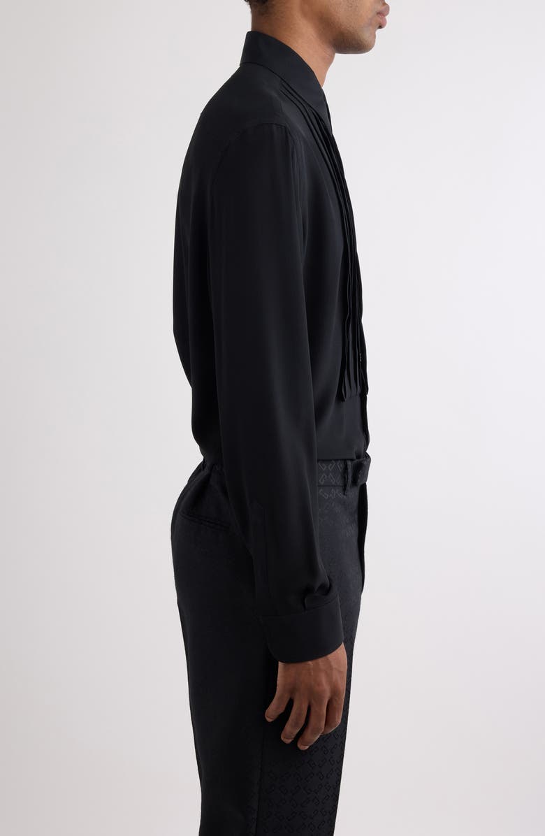Givenchy Boxy Fit Pleated Plastron Silk Button-Up Shirt, Alternate, color, Black