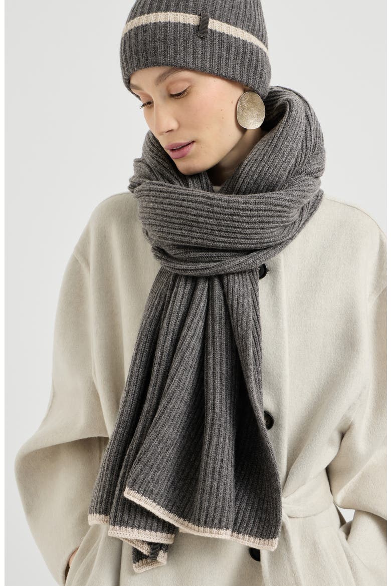Cashmere English rib knit scarf with monili, Alternate, color, Lead