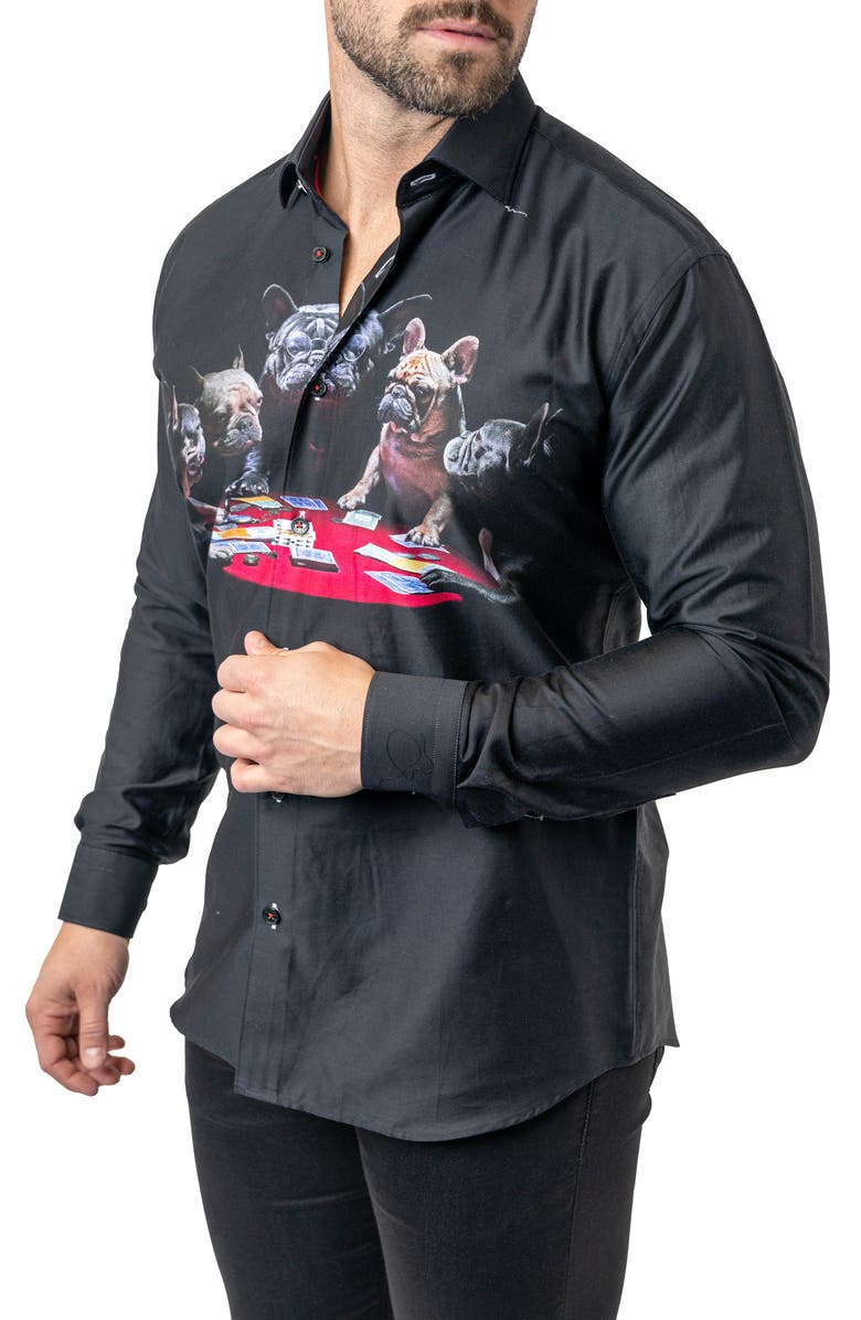 Maceoo Fibonacci Poker Dogs Cotton Button-Up Shirt, Alternate, color, Black