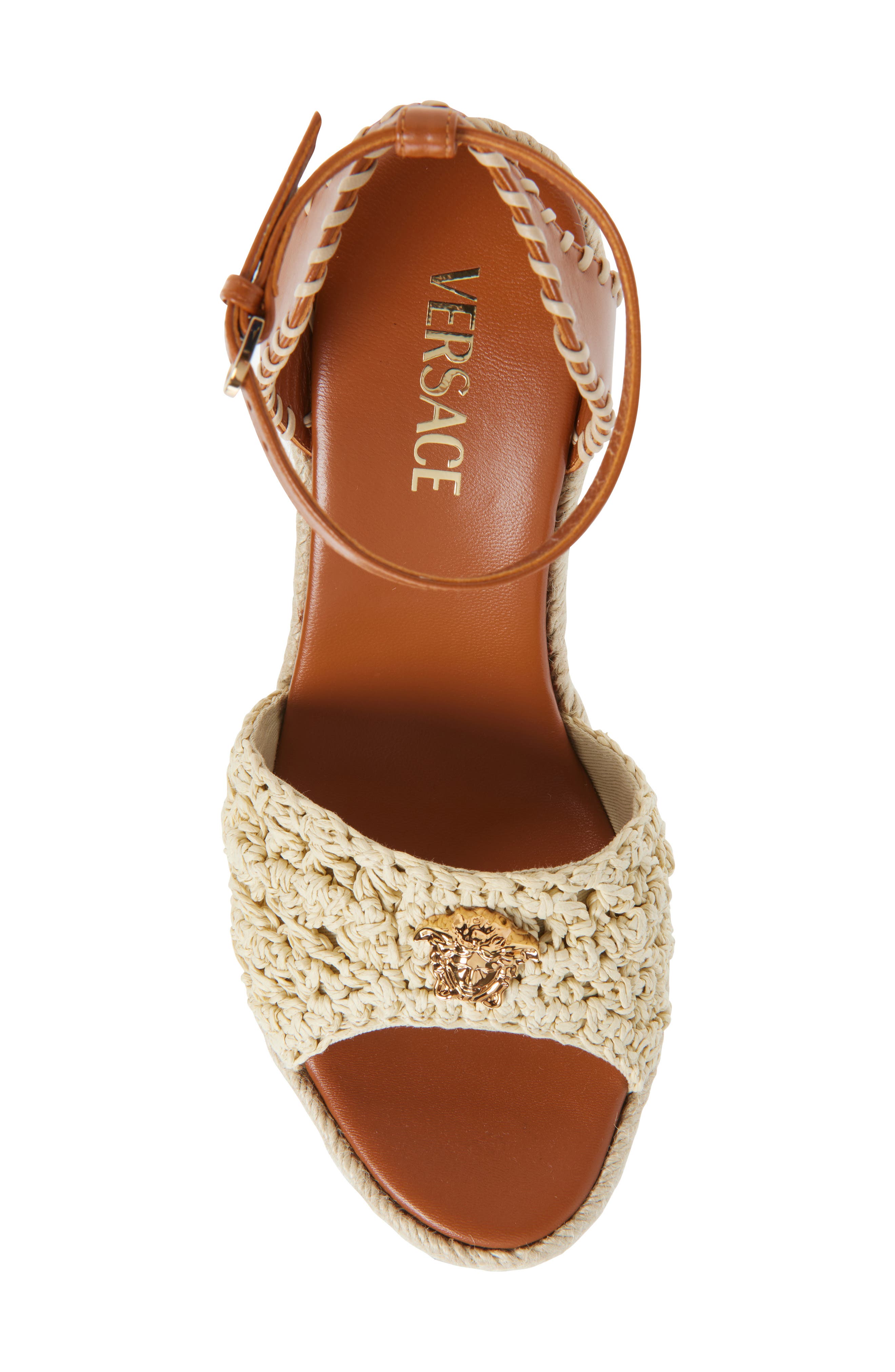 Versace Medusa Espadrille Wedge Sandal, Alternate, color, Natural Ambrer Gold