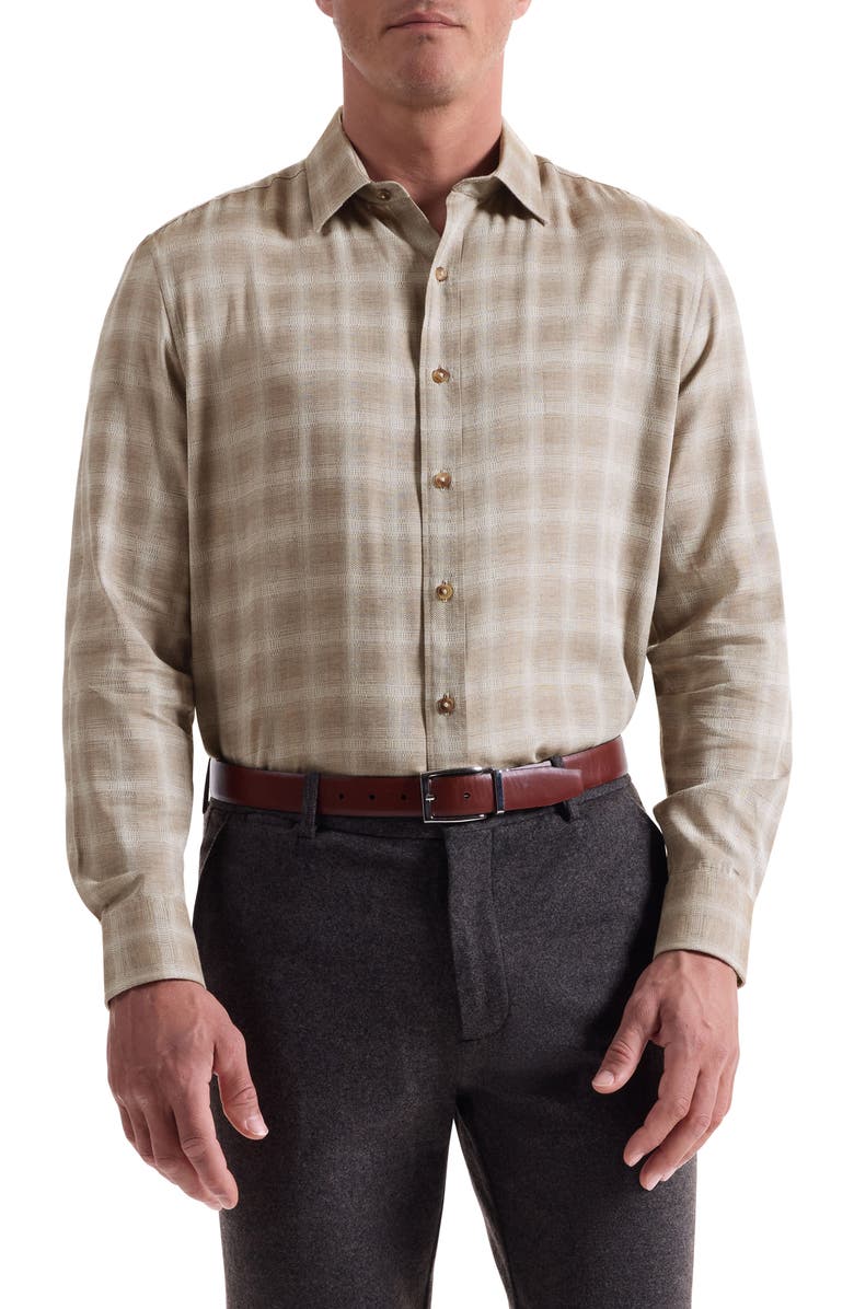 Bugatchi Julian Shaped Fit Plaid Button-Up Shirt, Main, color, Walnut