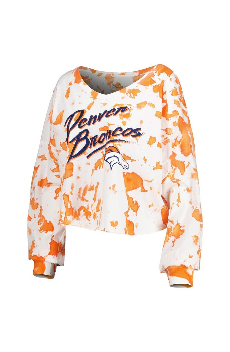 Majestic Threads Women's Majestic Threads Russell Wilson White/Orange Denver Broncos Off-Shoulder Tie-Dye Name & Number Cropped Long Sleeve V-Neck T-Shirt, Alternate, color,