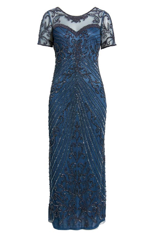 Pisarro Nights Illusion Beaded Mesh Column Gown In Blue