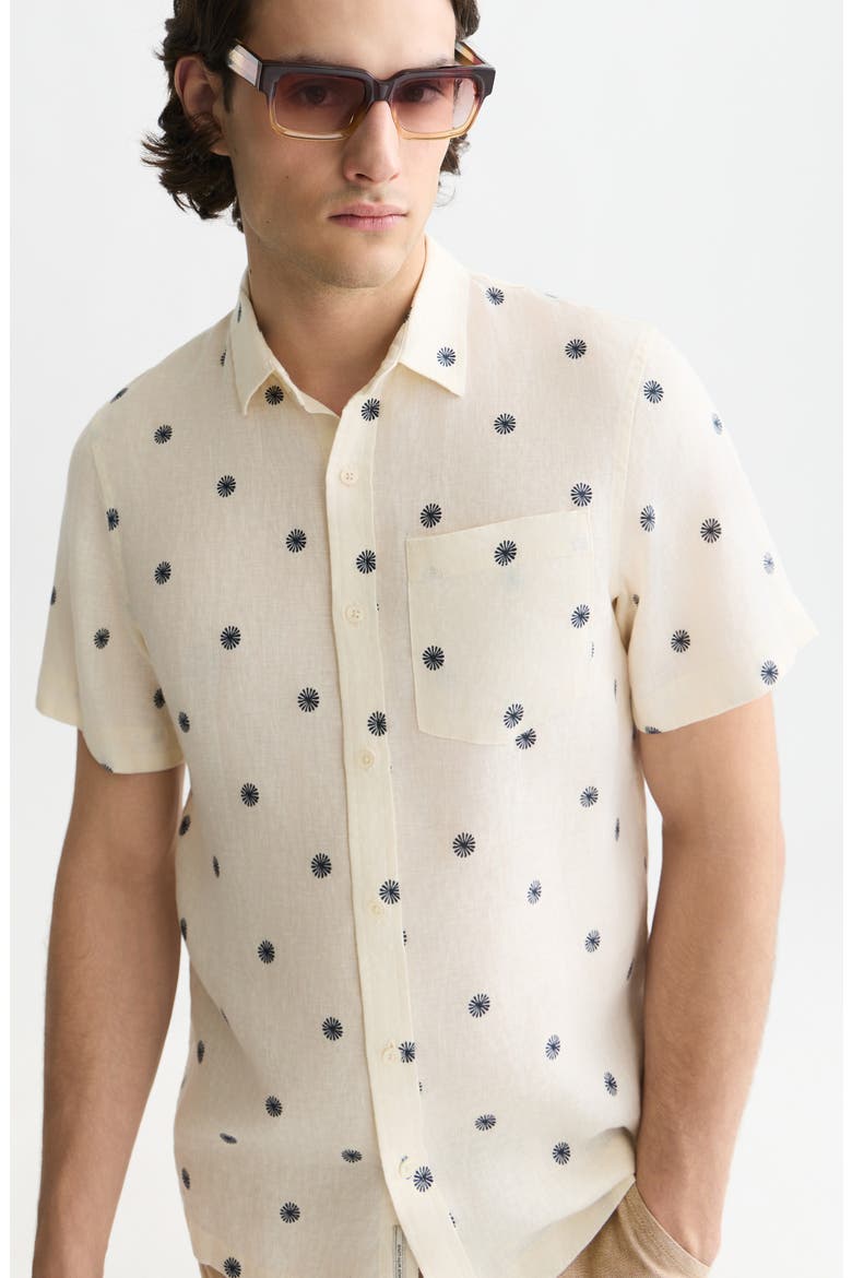 Regular Fit Short Sleeve Linen Button-Up Shirt, Alternate, color, TILES STARS EGGNOG