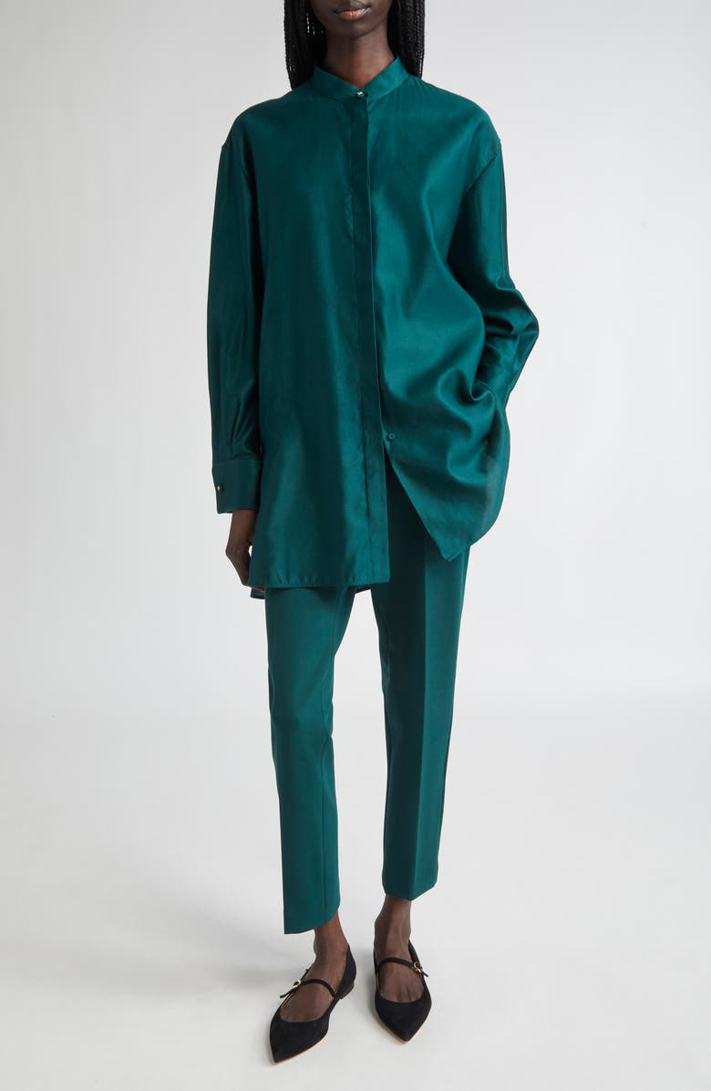 Max Mara Anta Oversize Cotton Sateen Button-Up Shirt, Alternate, color, Dark Green