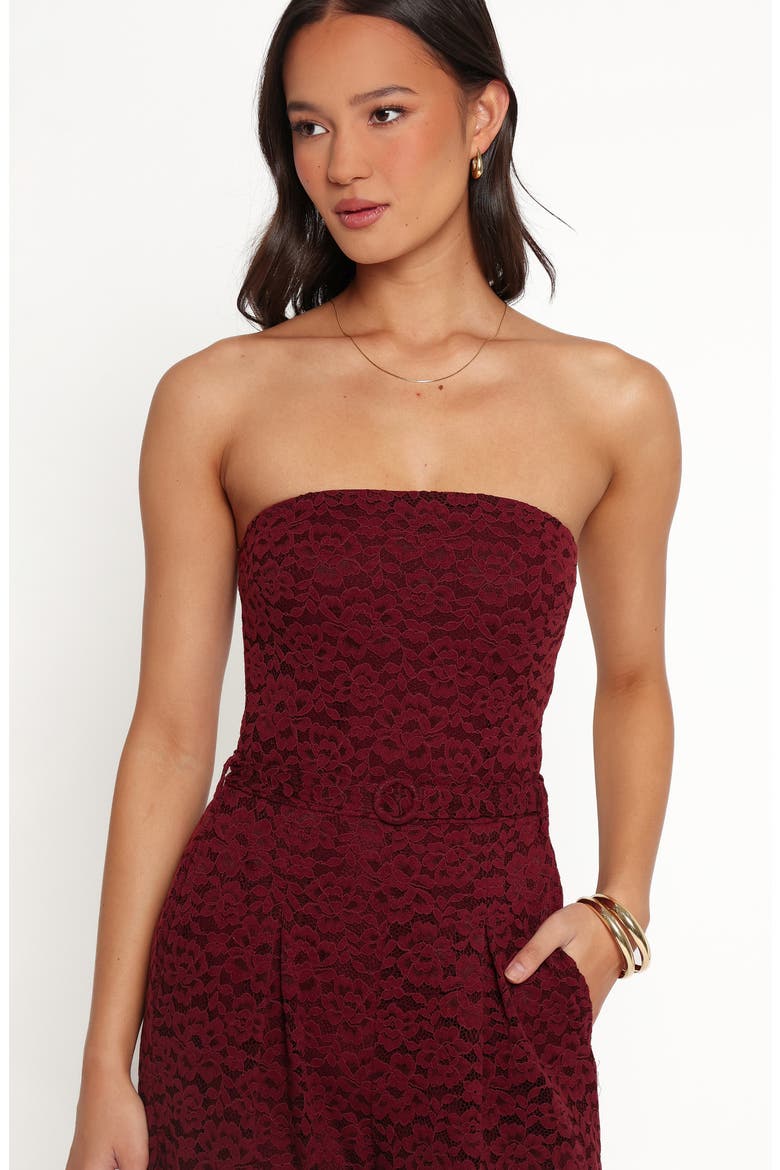 Harlie Strapless Lace Jumpsuit, Alternate, color, BURGUNDY