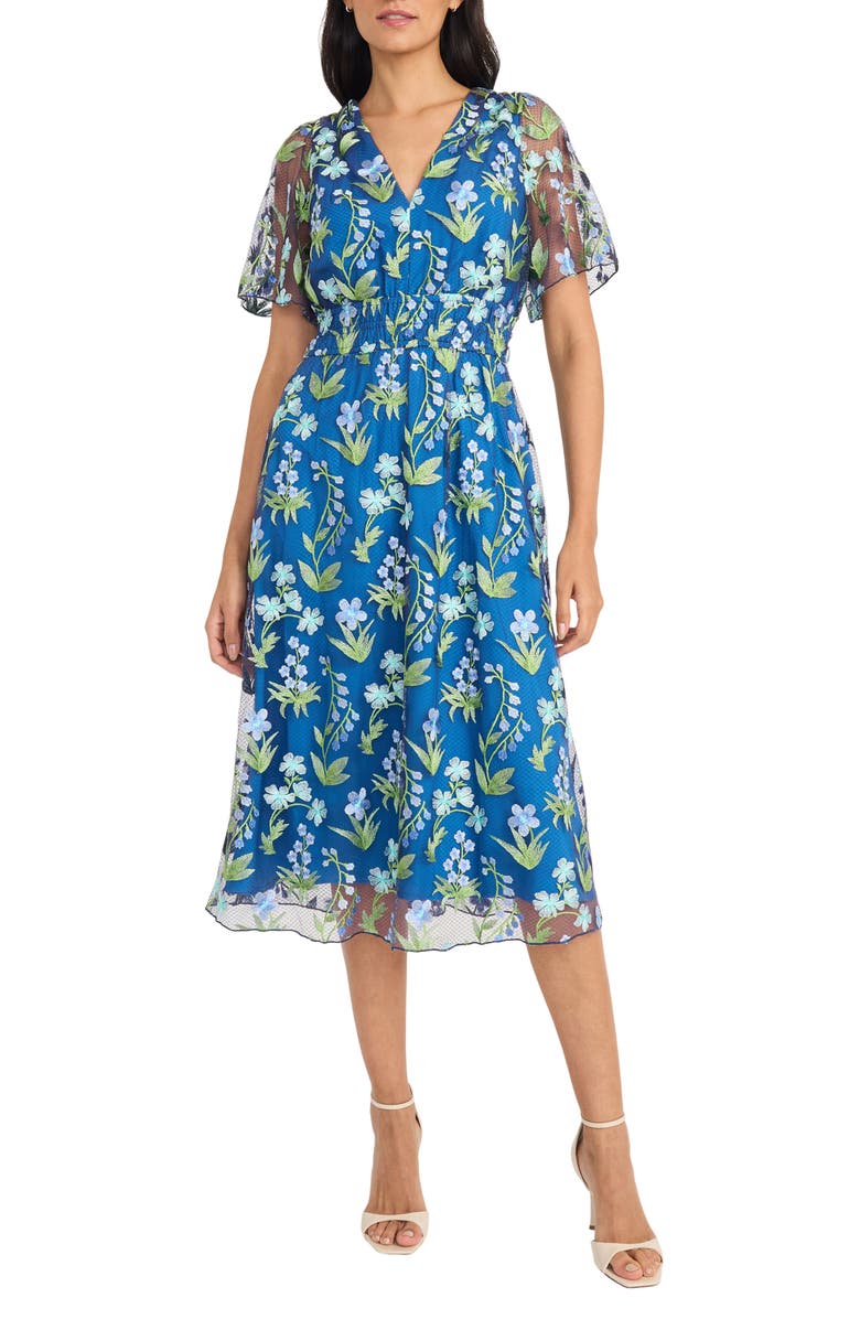 Maggy London Embroidered Flutter Sleeve Dress, Main, color, Blue/ Green