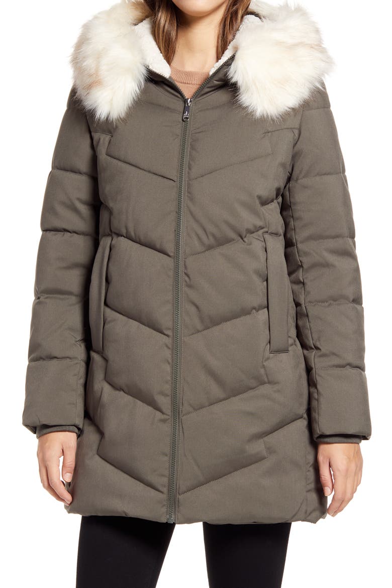 Faux Fur Trim Quilted Parka, Alternate, color, DARK MOSS
