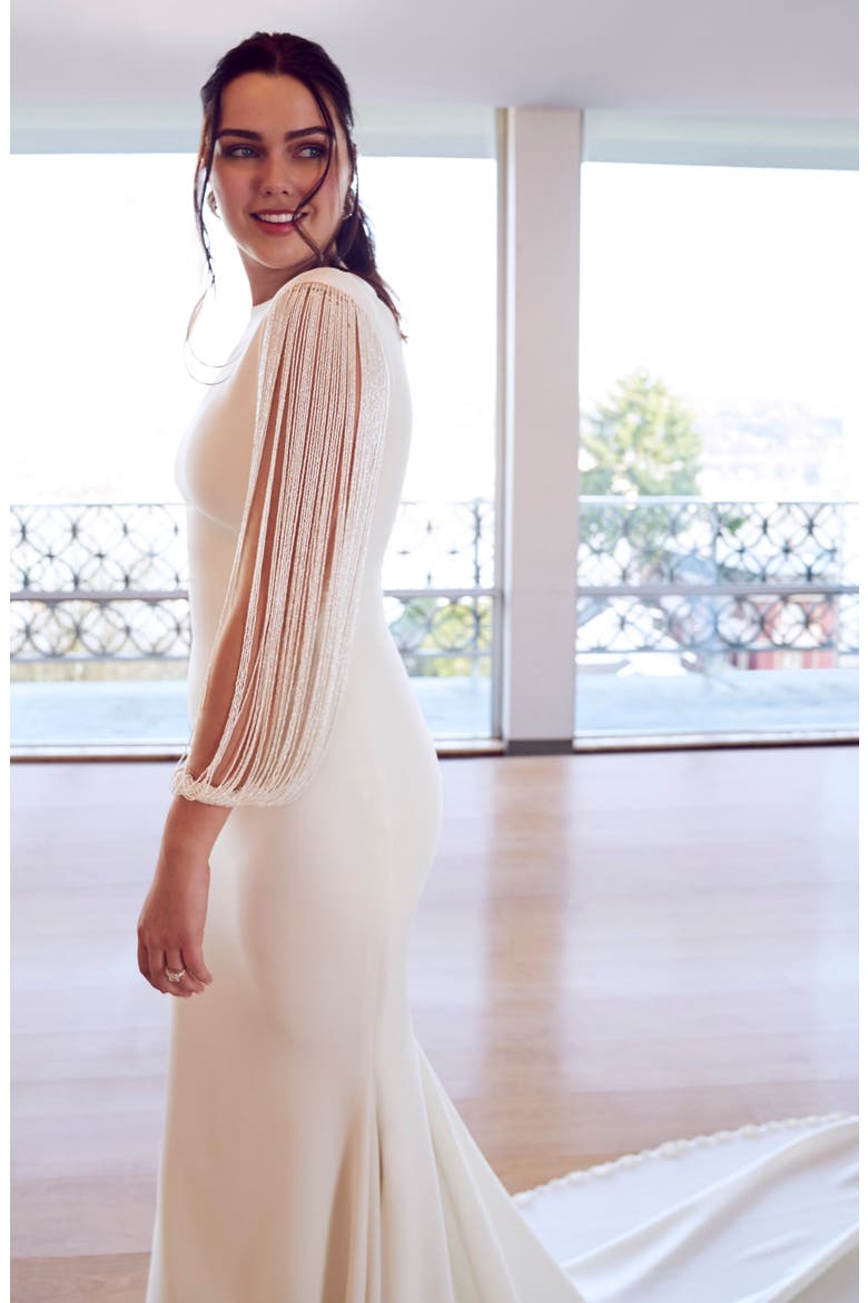 Relato Beaded Long Sleeve Mermaid Gown, Alternate, color, OFF WHITE