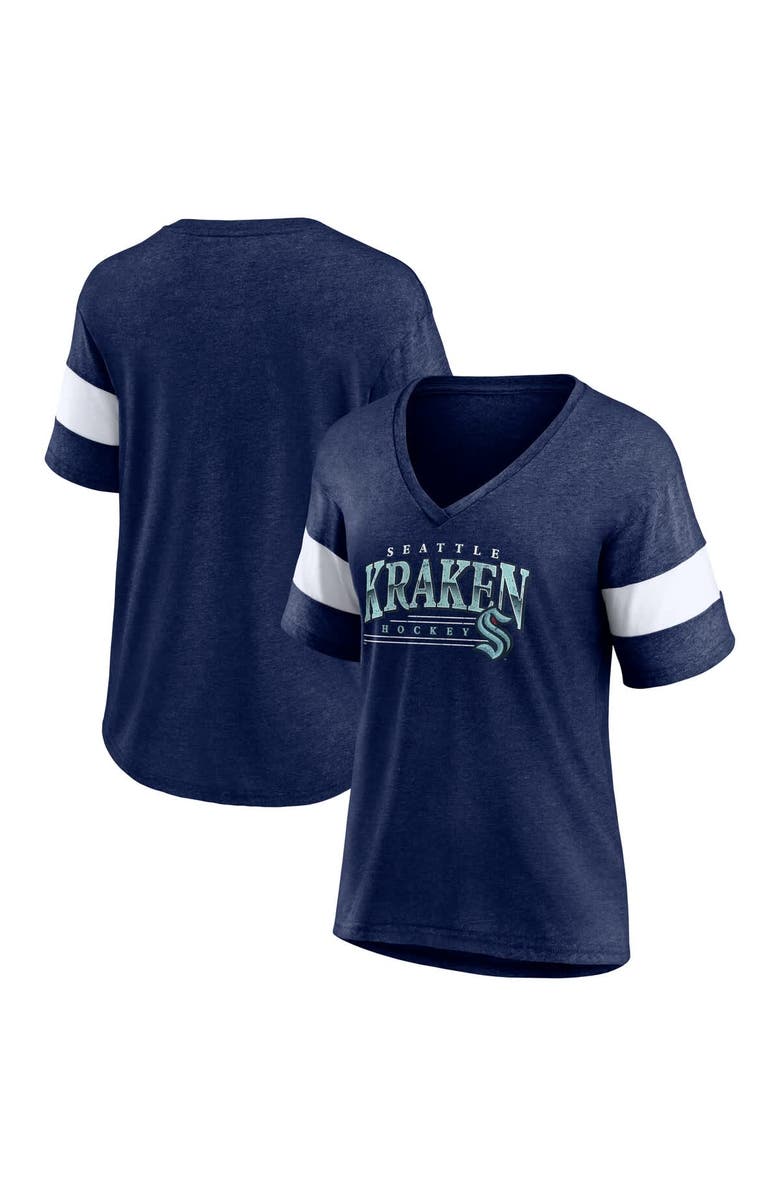 FANATICS Women's Fanatics Heather Deep Sea Blue Seattle Kraken Clapper V-Neck Half-Sleeve T-Shirt, Main, color, Heather Navy
