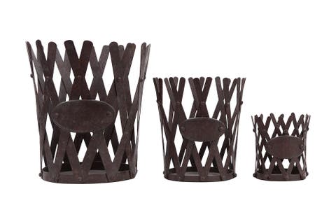 Distressed Brown Metal Planters With Accordion Style Sides (set Of 3 Sizes)