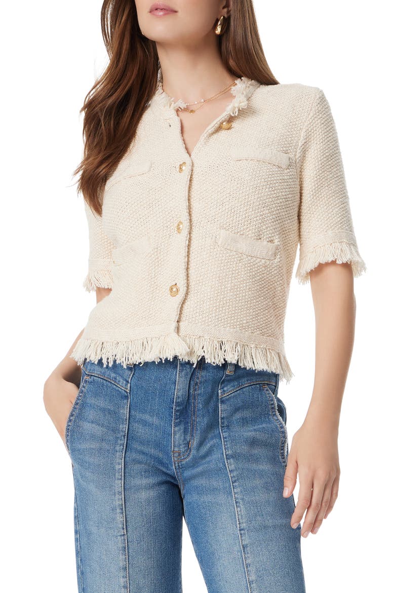 Fringe Detail Button Front Cotton Blend Sweater, Main, color, GARDENIA
