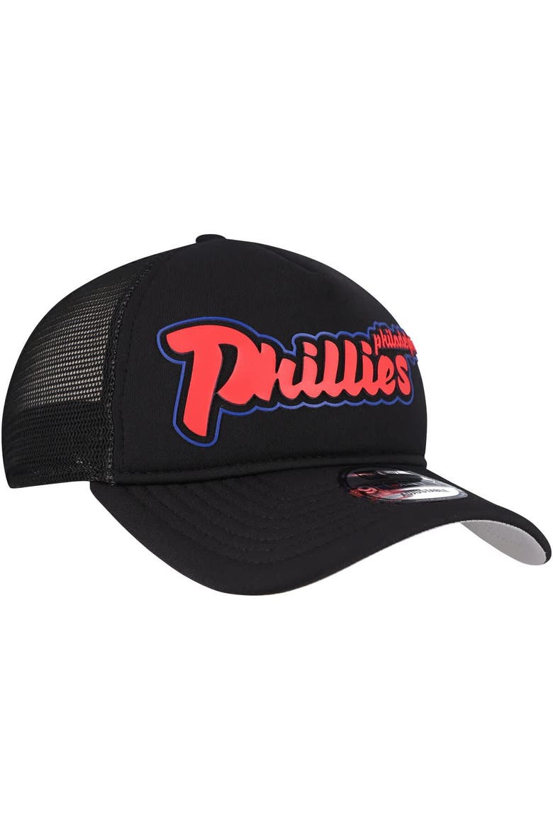 Men's New Era Black Philadelphia Phillies Retro Bold A-Frame Trucker 9FORTY Adjustable Hat, Alternate, color, Black