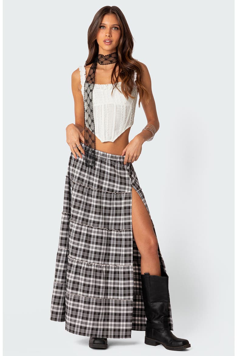 Plaid Tiered Slit Maxi Skirt, Alternate, color, BLACK-AND-WHITE