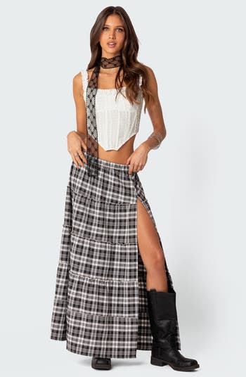 Plaid Tiered Side Slit Maxi Skirt