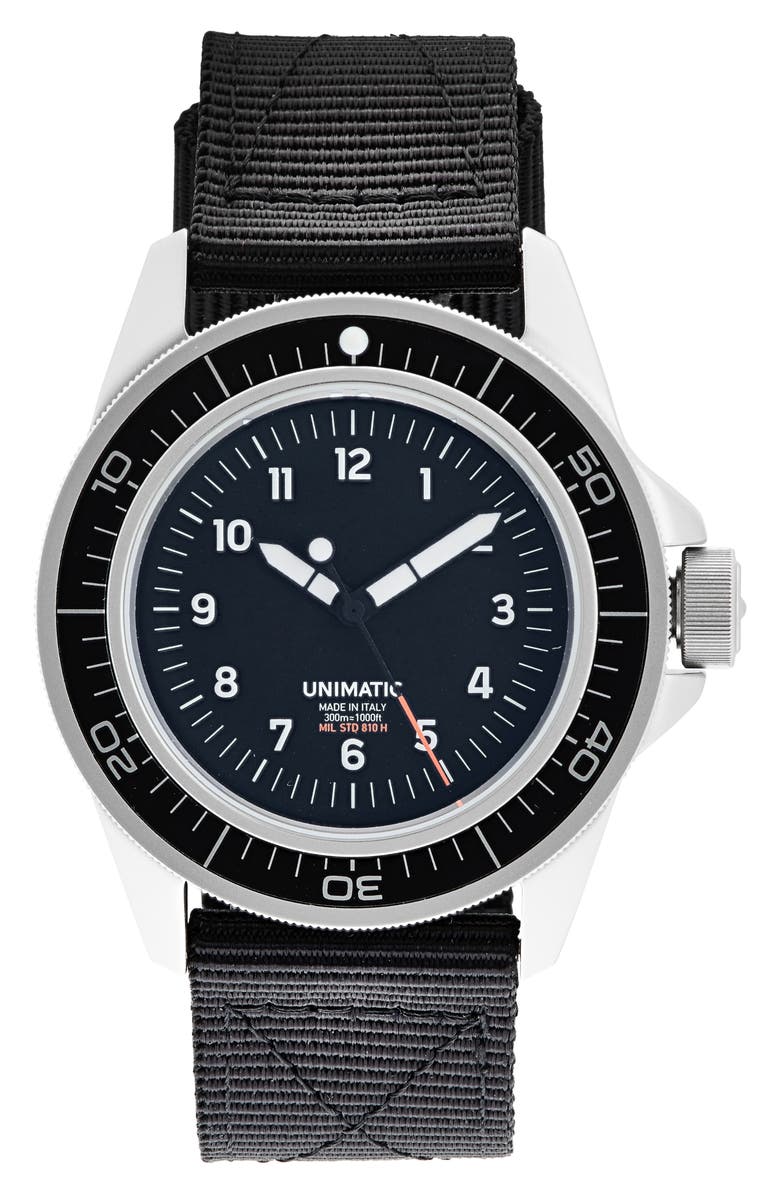 UNIMATIC Modello Quattro Quartz NATO Strap Watch, 41mm, Main, color, Black Steel