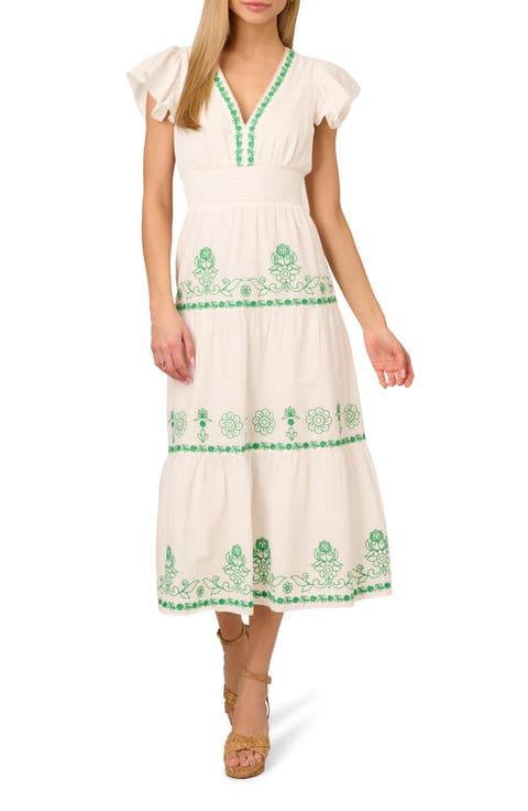 Embroidered Smocked Waist Cotton Maxi Dress