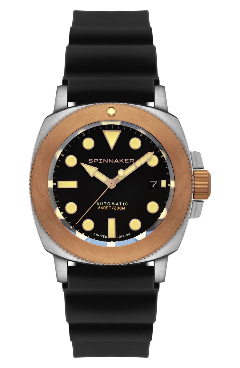 SPINNAKER Hull Titanium Bronze Automatic Lapidary Black Onyx Silicone Strap Watch, 42mm, Main, color, 