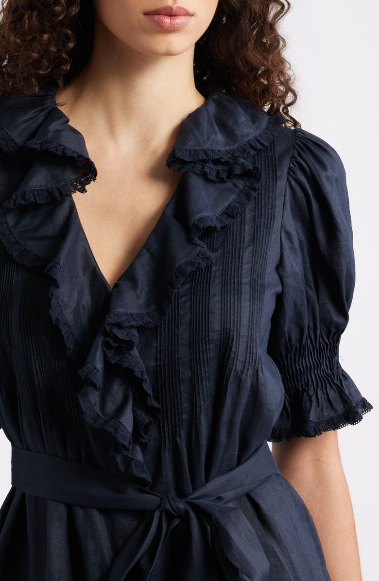 DÔEN Harriette Ruffle Pintuck Puff Sleeve Midi Dress, Alternate, color, Night Sky
