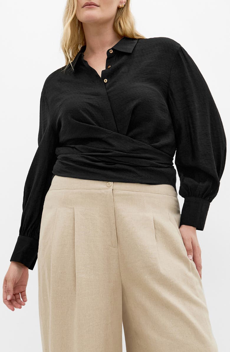 City Chic Rosabella Tie Hem Button-Up Shirt, Main, color, Black