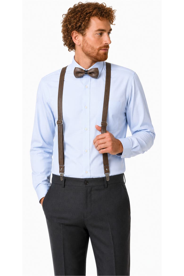 Genuine Leather Y-Back Suspenders & Bow Tie Set, Alternate, color, Suede Dark Brown