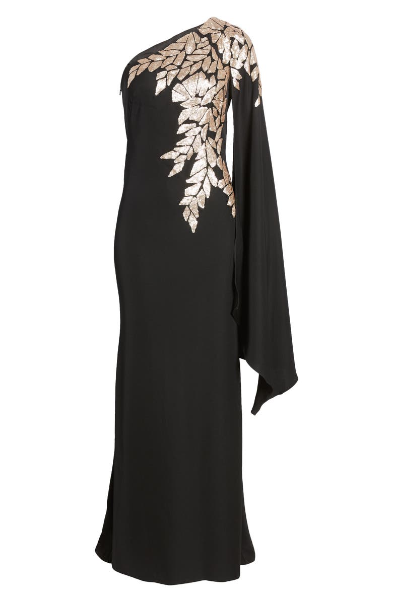 Tadashi Shoji One-Shoulder Cape Sleeve Crepe Gown, Alternate, color,